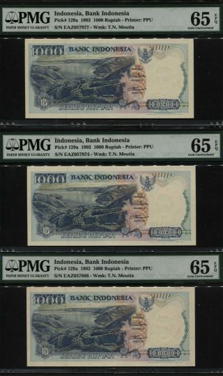 Tt Pk 129a 1992 Indonesia 1000 Rupiah " T.  N.  Meutia " Pmg 65 Epq Gem Set Of Three