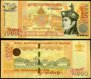 Bhutan 1000 1,  000 Ngultrum 2016 P 34 Sign And Security Tab Unc