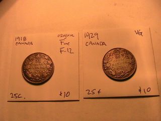 1918,  1929 CANADA 25 Cents VG - F Orig Tone Twenty Five Cent Silver Quarter Coins 2