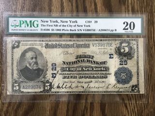 1902 $5 First National Bank Of The City Of York Ny Pmg 20