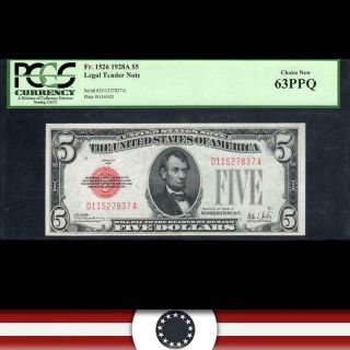 1928 - A $5 Legal Tender Note Red Seal Pcgs 63 Ppq Fr 1526 D11527837a