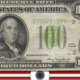 1934 $100 York Federal Reserve Note Fr 2052 - B B00429159a
