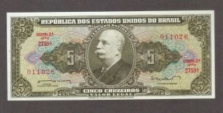 1962 5 Cruzeiros Brazil Currency Gem Unc Banknote Note Money Bank Bill Cash Cu