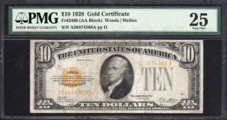 Fr 2400 1928 $10 GOLD CERTIFICATE PMG 25 A20474368A 2