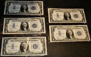 5 Series Of 1934 Silver Certificate $1.  00 Notes,  Crisp Uncirculated In Sequence