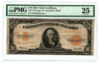 Tr 1922 Pmg 25 Very Fine $10 Large Size Gold Seal Gold Certificate 1c Start