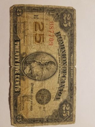 1923 Dominion Of Canada Canadian Paper Currency 25 Twenty Five Cents
