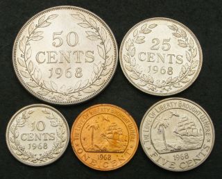 Liberia 1,  5,  10,  25,  50 Cents 1968 - 5 Coins.  - 799