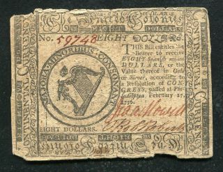 Cc - 30 February 17,  1776 $8 Eight Dollars Continental Currency Note