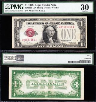 Awesome Scarce Bold Choice Vf,  1928 $1 Red Seal Us Note Pmg 30 A01581661a