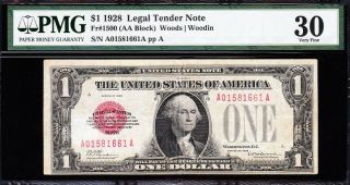 AWESOME SCARCE Bold Choice VF,  1928 $1 RED SEAL US Note PMG 30 A01581661A 2