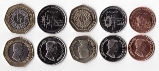 Jordan - 5 Dif Unc Coins Set: 5 Piastres - 1/2 Dinar Bimetal