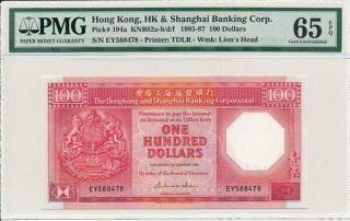 Hong Kong Bank Hong Kong $100 1987 Rare Date Pmg 65epq