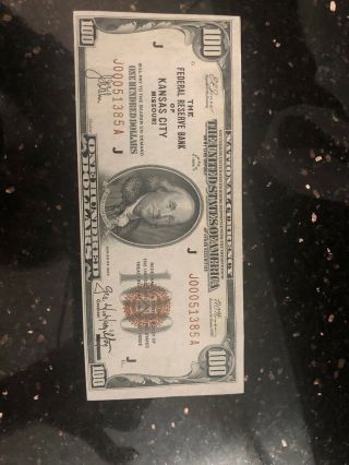 $100 1929 Federal Reserve Bank Note Kansas City Missouri J00051385a J