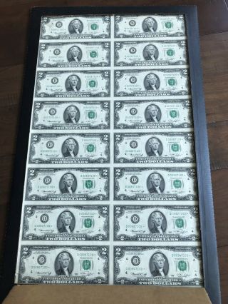1976 Uncut Sheet Of 16 Us 2 Dollar Bills Uncirculated Legal $2 Money Gift Bills