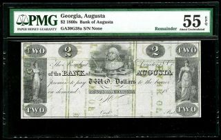 1860s Augusta,  Georgia $2 Dollar Obsolete Bank Note Pmg About Unc 55 Epq