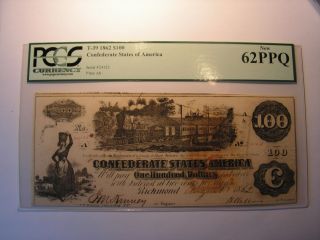 1862 One Hundred Dollar State Of America Confederate Note.  Pcgs 62ppq