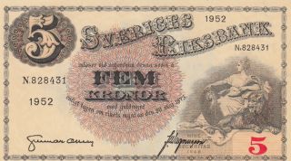 Sweden 5 Kronor 1952 - Sveriges Riksbank.  Unc