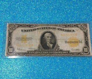 1922 Large Size Ten Dollar $10 Gold Certificate Note Us Paper Money Old American