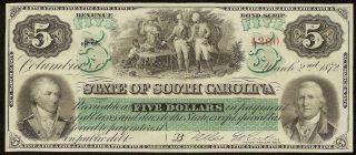 Large 1872 $5 Dollar Bill South Carolina Note Big Currency Old Paper Money Unc