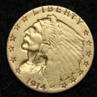 1914 - D Gold $2 1/2 Indian Head Quarter Eagle Choice Au E02