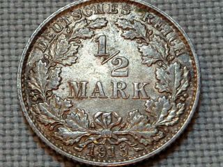 German Empire Silver 1915 E 1/2 Mark Kaiser Wilhelm Ii Wwi Eagle Small Shield