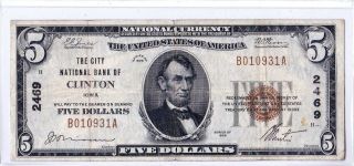 $5 1929 Type 1 City National Clinton Iowa Ia Note Only 34 Known