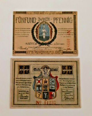 Kappeln Notgeld 25,  50 Pfennig 1920 Emergency Money Germany Banknote (s) (10076)