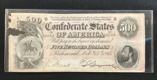1864 Confederate States Of America Richmond $500 Bank Note Currency