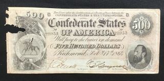 1864 Confederate States of America Richmond $500 Bank Note Currency 2