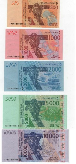 West African St.  Mali 500 1000 2000 5000 10000 Francs 2018 - 2019 Unc Letter D