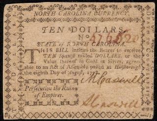 1778 $10 DOLLAR BILL PERSECUTION NORTH CAROLINA COLONIAL CURRENCY NOTE PCGS 30 4