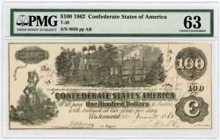 1862 T - 39 $100 Confederate States Of America Note - Civil War Era Pmg Ch.  Cu 63