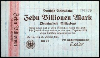 Berlin 1923 10 Trillion Mark Reichsbahn Railroad Hyperinflation Banknote S1030