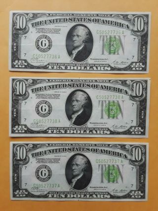 3 Consecutive 1928 B $10 Ten Dollars Frn Federal Reserve Notes Lgs Uncirculated