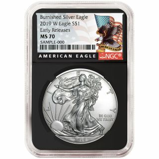 2019 - W Burnished $1 American Silver Eagle Ngc Ms70 Black Er Label Retro Core
