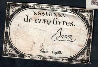 5 Livres Assignat From France