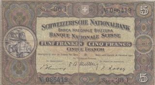 5 Franken Vg Banknote From Switzerland 1947 Pick - 11