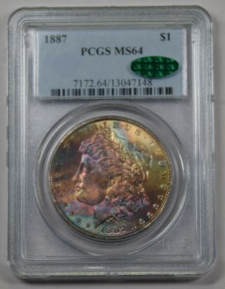 1887 Morgan Silver Dollar Pcgs Ms64 Cac Pq Vibrant Rainbow Toned