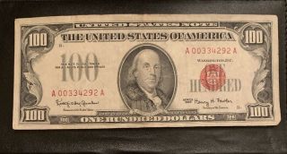 One Hundred Dollars 1966 United States Note,  With Bonus Red 5 Dollar Note