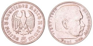 Ga.  209} Germany 3rd Reich 5 Reichsmark 1935g / Paul Von Hindenburg / Silver / Vf