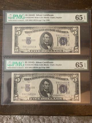 (2) 1934 - D $5 Dollar Silver Certificate,  1654wi,  Pmg 65 Epq Gem Unc Consecutive