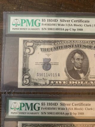 (2) 1934 - D $5 Dollar Silver Certificate,  1654Wi,  PMG 65 EPQ Gem Unc Consecutive 7