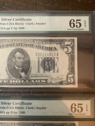 (2) 1934 - D $5 Dollar Silver Certificate,  1654Wi,  PMG 65 EPQ Gem Unc Consecutive 8