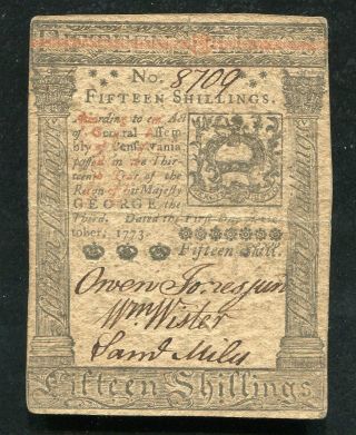 Pa - 168 October 1,  1773 15s Fifteen Shillings Pennsylvania Colonial Currency (d)