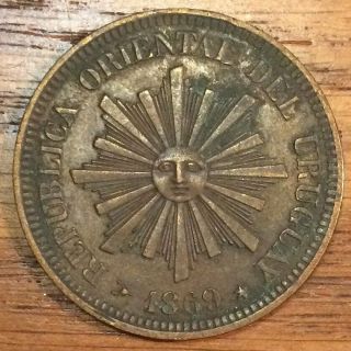 1869 Uruguay Xf 2 Centimos Coin,  Radiant Sun,  Large Bronze Coin