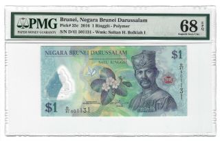 Brunei $1 Ringgit 2016 Polymer,  Pmg 68 Epq Gem Unc,  Grade,  P - 35c