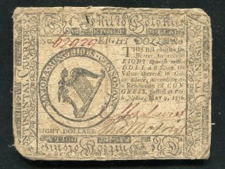Cc - 38 May 9,  1776 $8 Eight Dollars Continental Currency Note