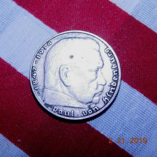 2 Dr Mark 1939 D Silver Coin.  625 Paul Von Hindenburg Germany