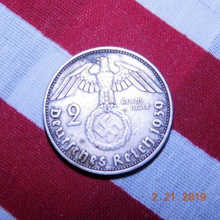 2 DR Mark 1939 D Silver Coin.  625 Paul Von Hindenburg Germany 2